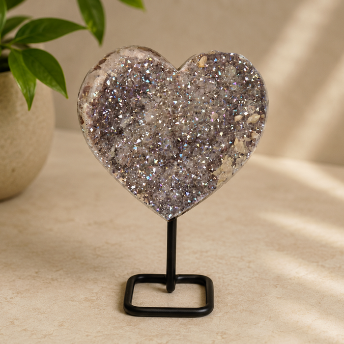 Druzy Quartz Crystal Heart On Stand