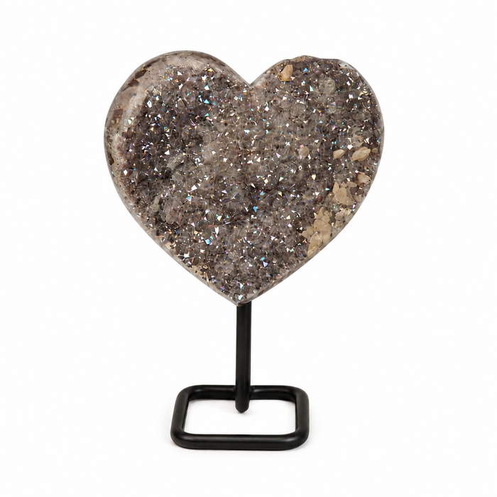 Druzy Quartz Crystal Heart On Stand