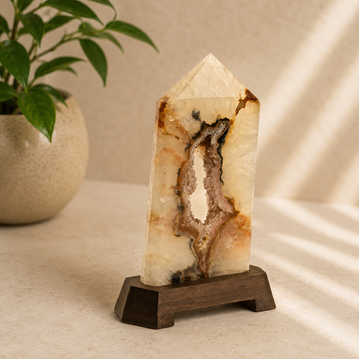 Agate Druzy Point /Wood Base