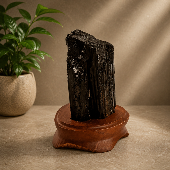 Black Tourmaline On Wood Base