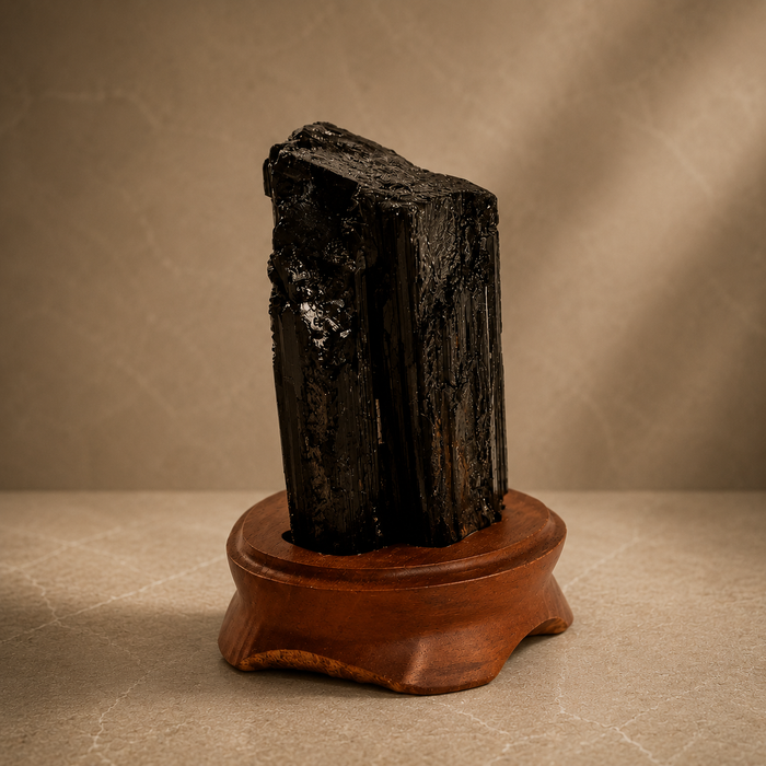 Black Tourmaline On Wood Base