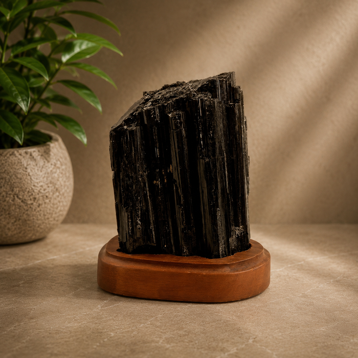 Black Tourmaline On Wood Base