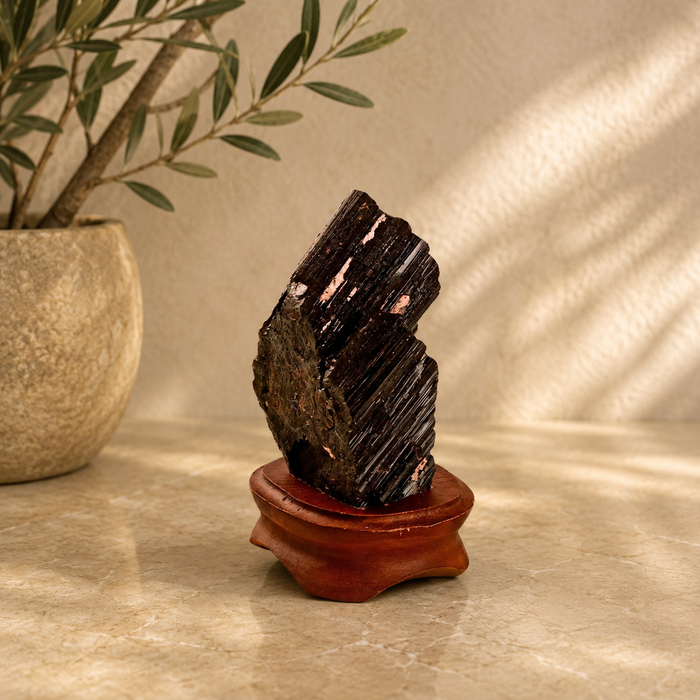 Black Tourmaline On Wood Base