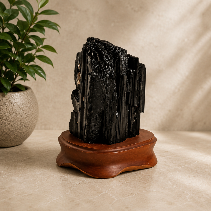 Black Tourmaline On Wood Base