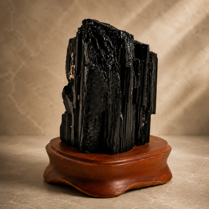 Black Tourmaline On Wood Base